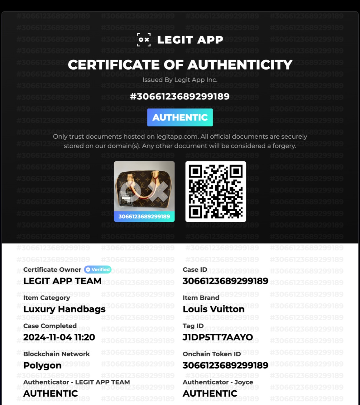 Tờ chứng nhận số AUTHENTIC kèm mã QR và blockchain — kết quả bạn tự lấy được